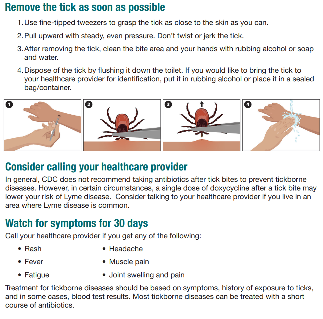 CDC's tick removal graphic and what to do after a tick bite